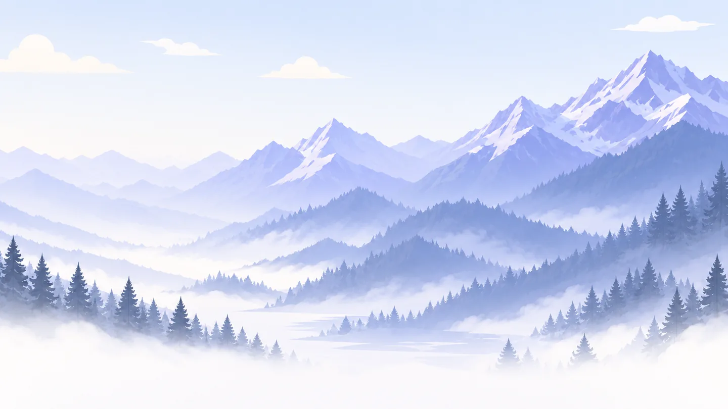 Schneebedeckte Berge und ein Kiefernwald im Morgennebel unter einem hellen Himmel