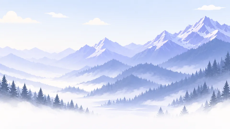 Snow-capped mountains and a pine forest in morning mist beneath a pale sky