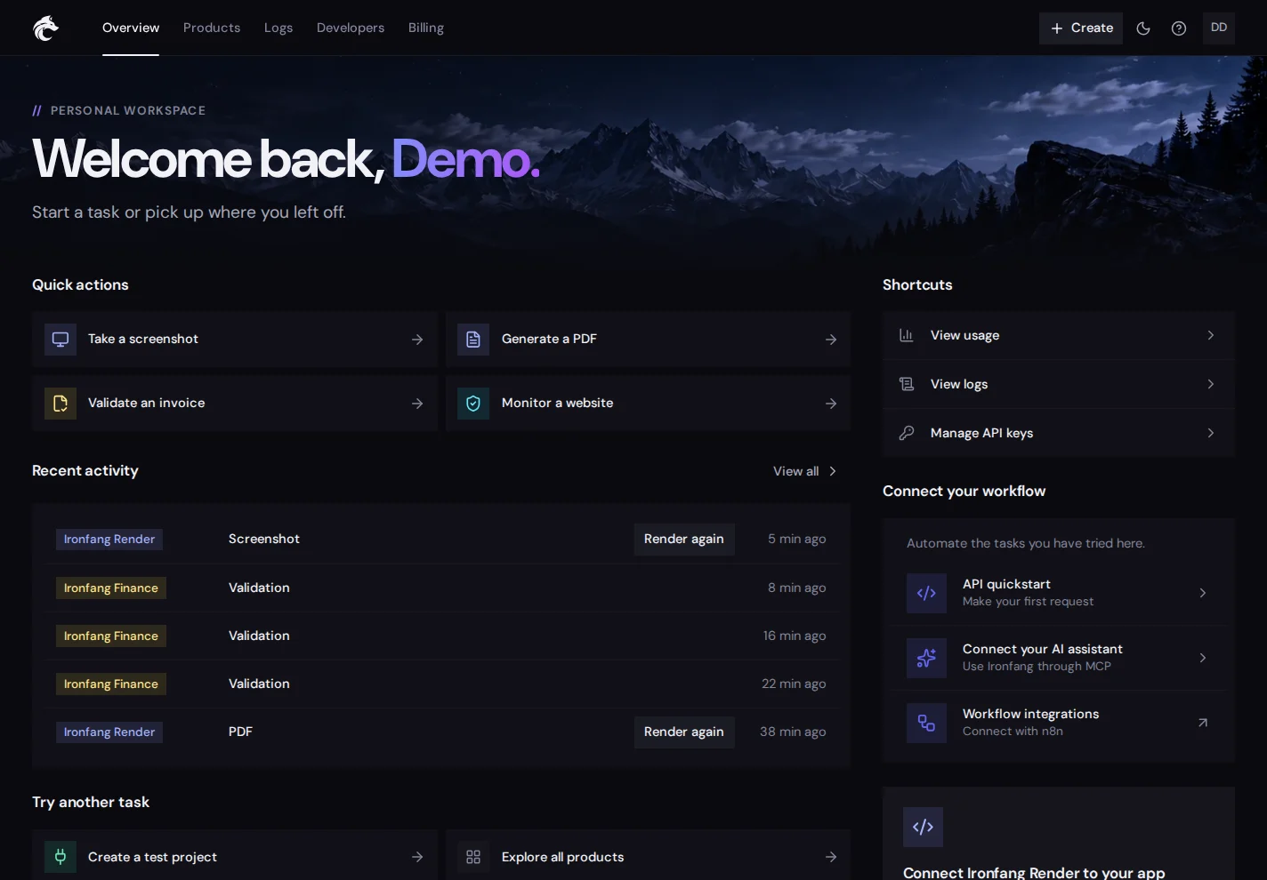 The Ironfang portal's Overview dashboard with demo data: quick actions, recent activity across Ironfang Render and Ironfang Finance, and shortcuts, under the portal's top navigation.