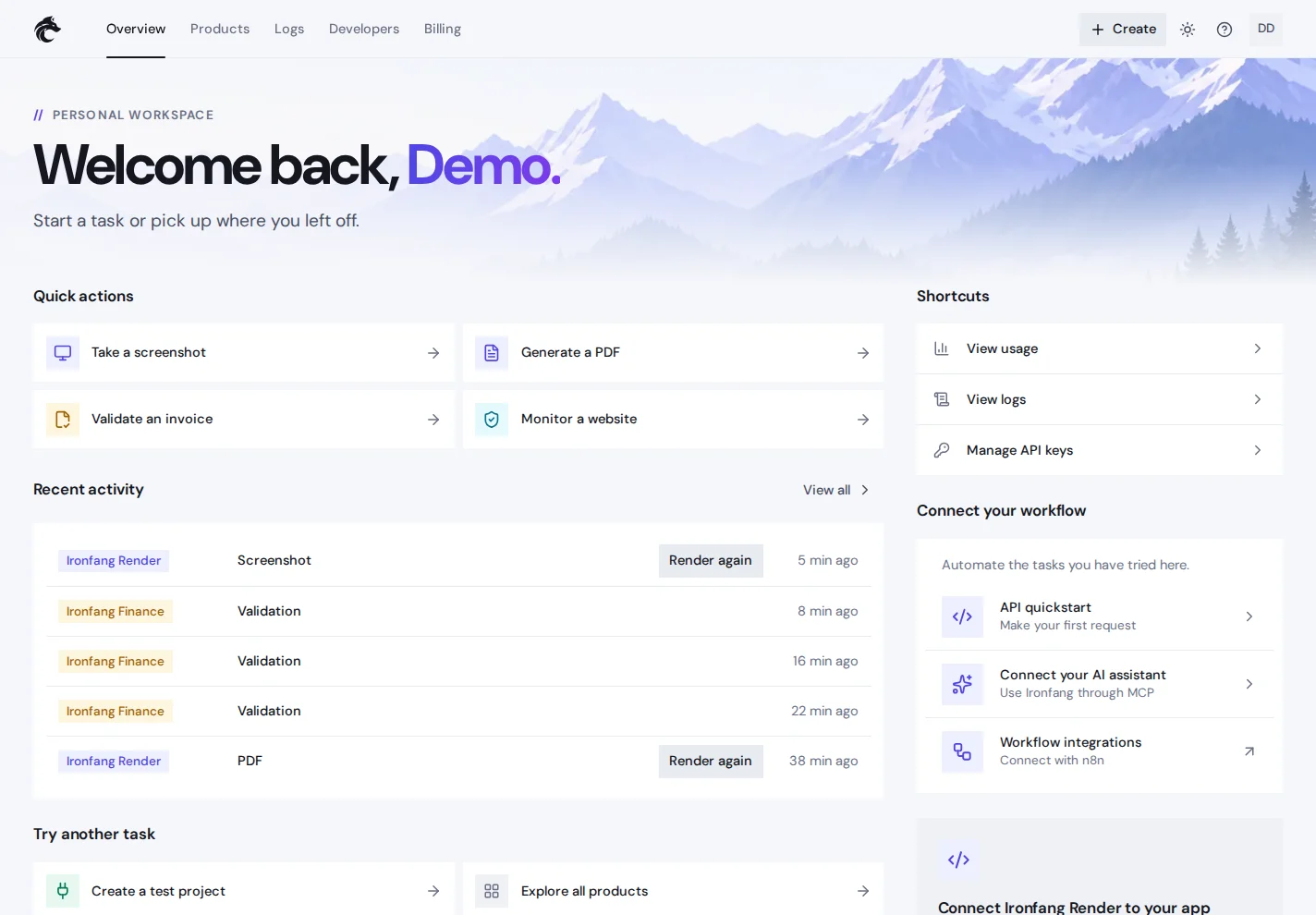 The Ironfang portal's Overview dashboard with demo data: quick actions, recent activity across Ironfang Render and Ironfang Finance, and shortcuts, under the portal's top navigation.