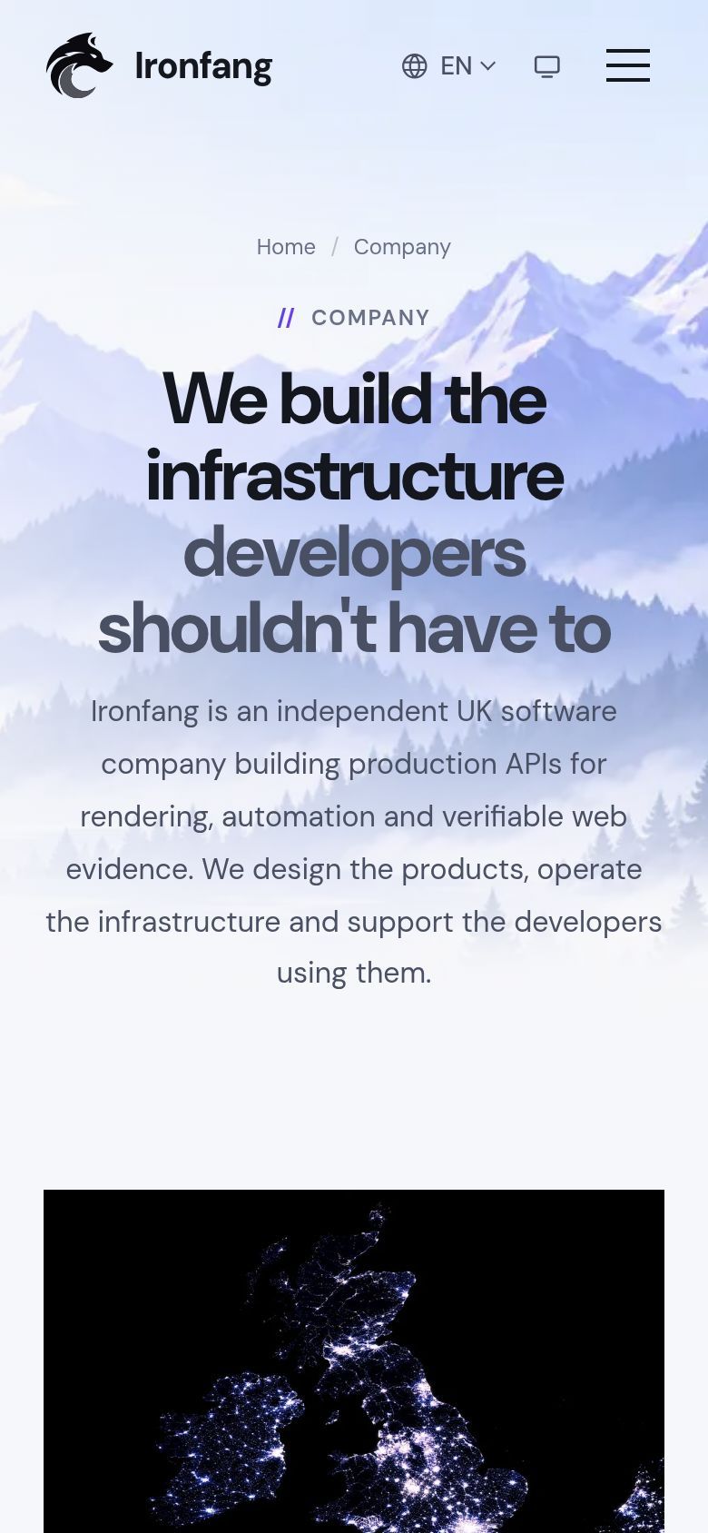 The top of the Ironfang company page as captured on a phone: the logo and menu button, the heading We build the infrastructure developers should not have to, and the start of the next section.