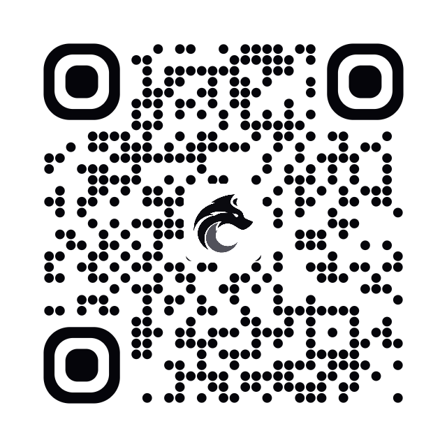 QR-Code mit runden Modulen, fast schwarz, mit Wolfskopf-Logo in der Mitte. Beim Scannen öffnet er ironfang.com/render.