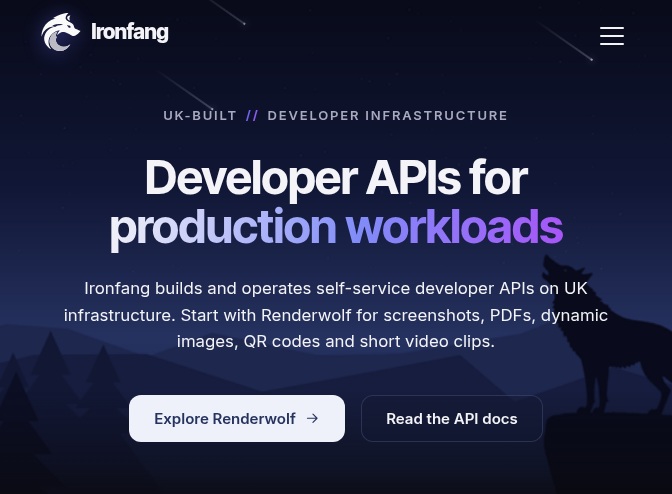 A full-page screenshot of ironfang.com rendered by the Ironfang Render API